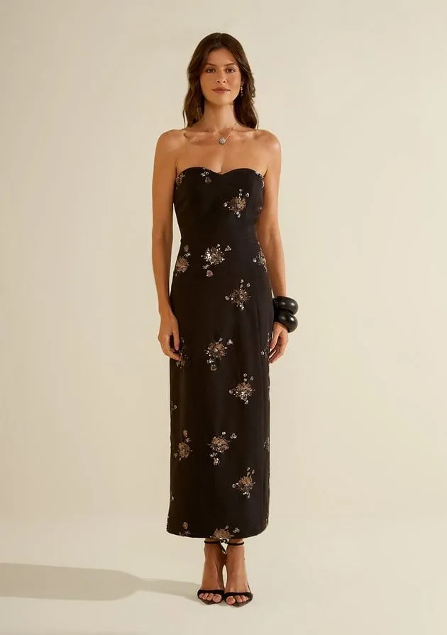 Vestido longo tomara que caia preto — frente